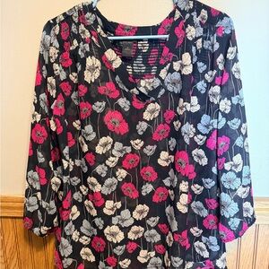 Ann Taylor Black Blouse with Pink and White Floral Design